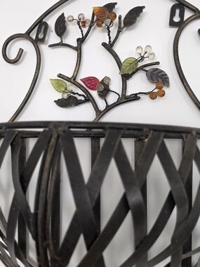VINTAGE Woven Metal Hanging Baskets x2 Brozed Brown with Berries & Leaf accents
